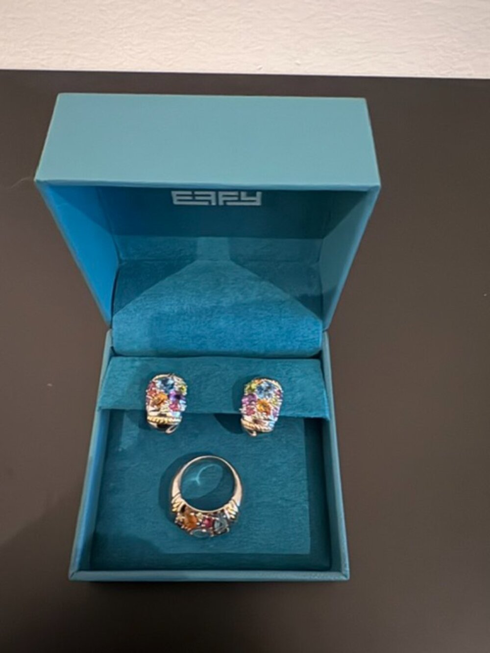 EFFY 925/18K Yellow Gold Multi-Gemstone Ring Size 7  & Matching Pierced Earrings